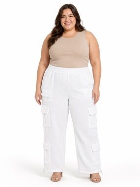 Share No Comment Plus Womens 2X White Cotton Gauze Cargo Pants Elastic Waist NWT